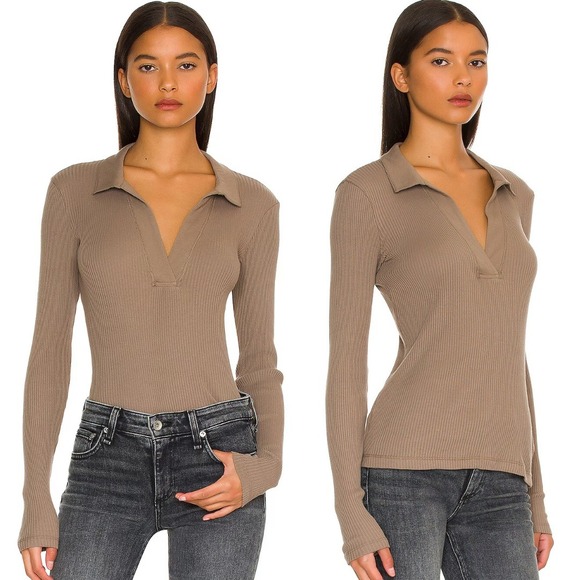 James Perse Tops - James‎ Perse Sable Brown Ribbed Polo Long Sleeve Top Split Neck Large